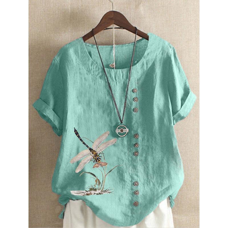 

Summer casual loose retro cotton and linen printed short-sleeved pullover cotton and linen large-size women s clothing 5XL озеро синього кольору