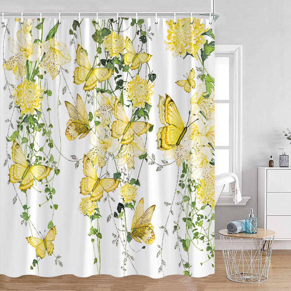 Watercolor Flowers Butterfly Shower Curtains Green Leaves Plants Colorful Floral Bathroom Decorations Polyester Fabric Bath Curt