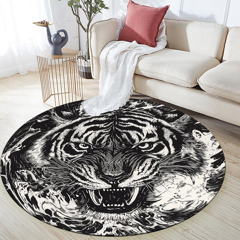 Black and White Tiger,Round Area Rug,Carpet Rug for Living Room Bedroom Sofa Playroom Decor,Non-slip Floor Mat