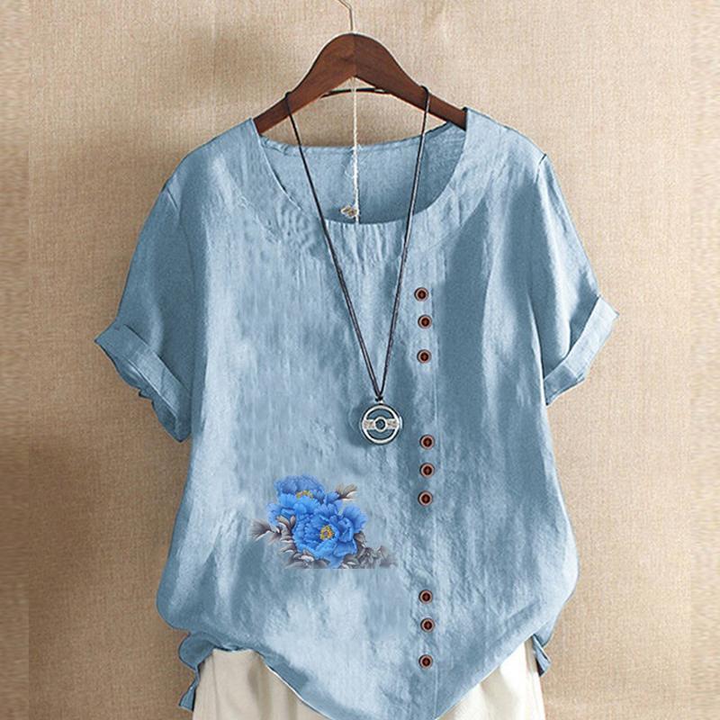 Women's Fashion Round Neck Short Sleeve T-shirt Casual Cotton Linen Graphic Shirt Leisure Loose Blue Flower Prined Summer Blouse Tops