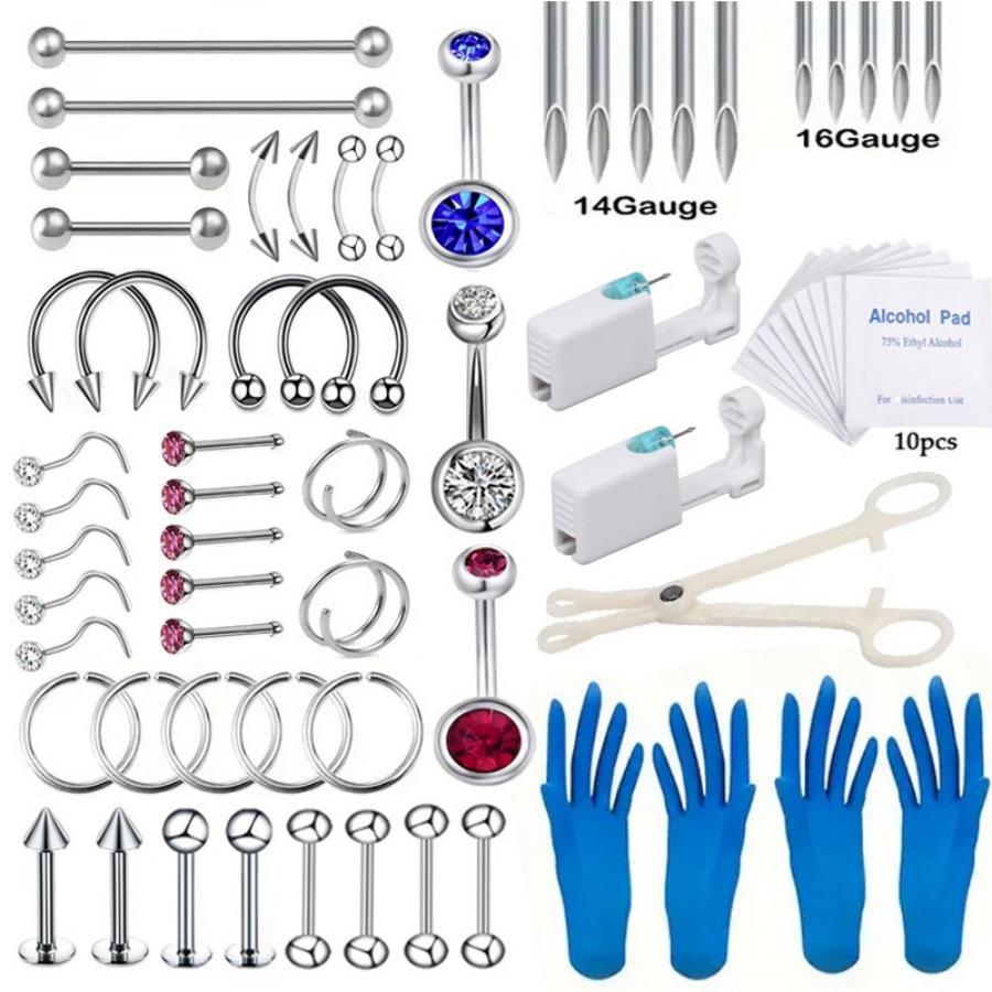 European & American Titanium Steel Piercing Tool Set: Lip Stud, Horseshoe Nose Ring & Stud