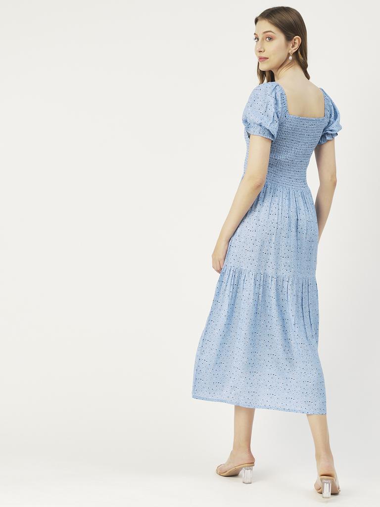 Moomaya Printed Viscose Rayon Summer Dress, Square Neck Smocked Long Dress
