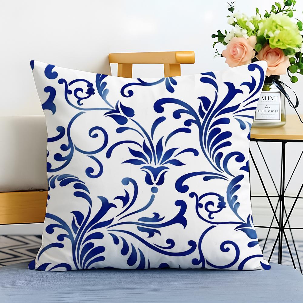 Blue and White Porcelain Cushion Cover Washable Linen Pillowcase Soft for Sofa Bed Cozy Home Room Decor