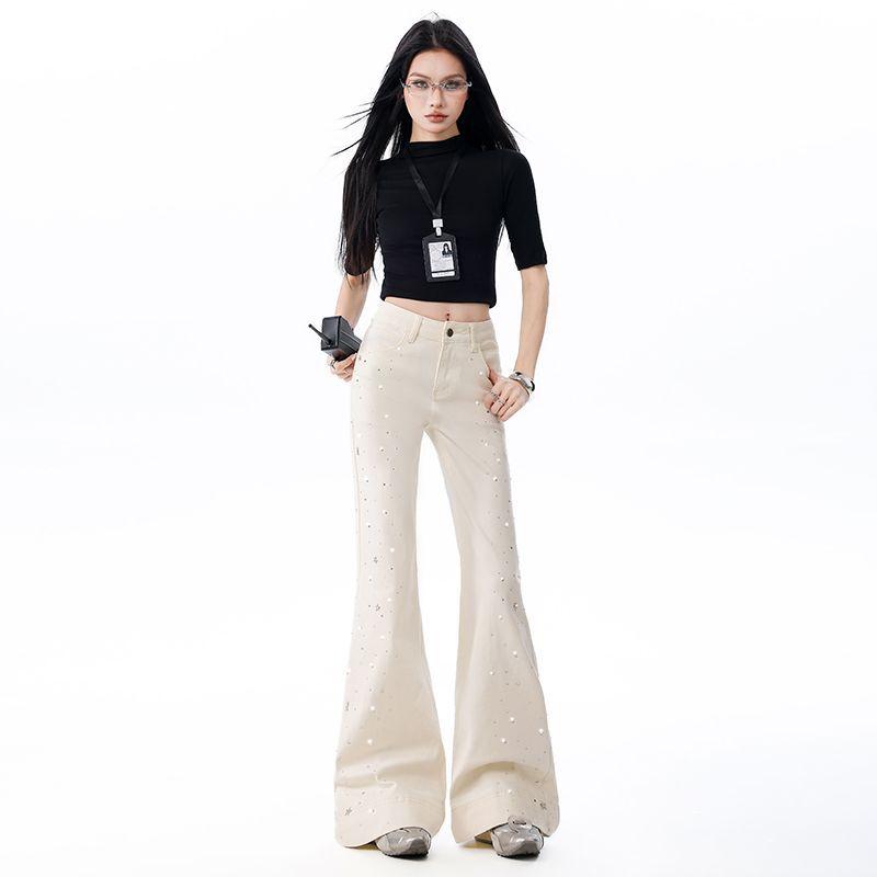 Early Spring Full Star Rhinestone Elastic Apricot Wide Leg Flare Denim Pants For Women Casual Pants Oversize Denim Trousers