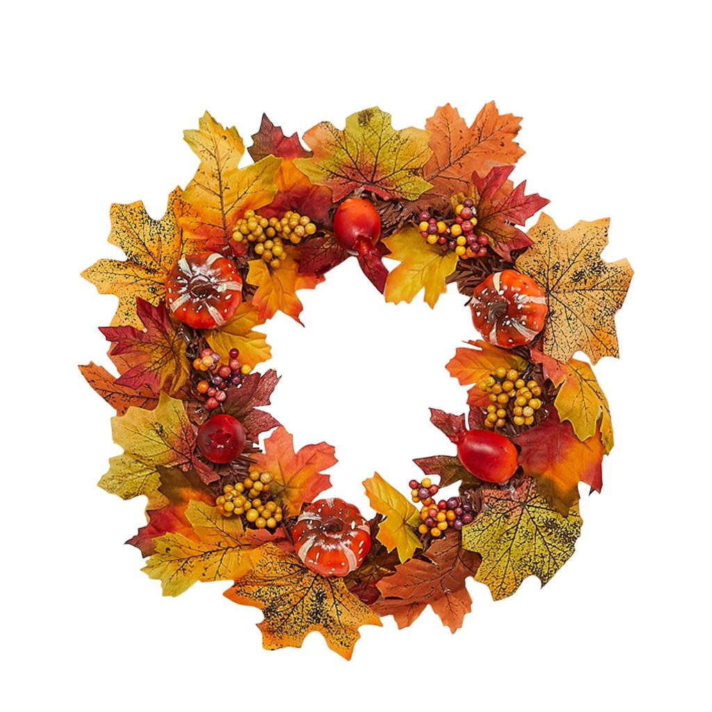 14 Inch Fall Wreath Fall Decoration For Front Doors With Maple Leaves, Pumpkins And Berries Hanging From Indoor And Outdoor Wall