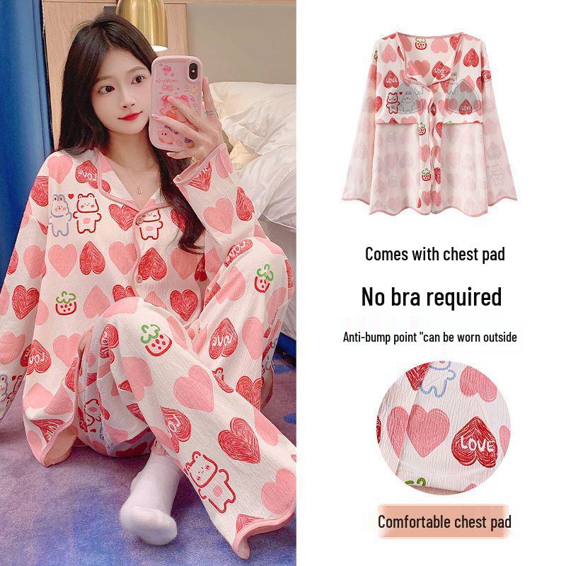 

Женский пижамный комплект с длинными рукавами и клубничным принтом, с нагрудными вкладышами - Легкий кардиган для весны и осени XXL (70-80 kg)