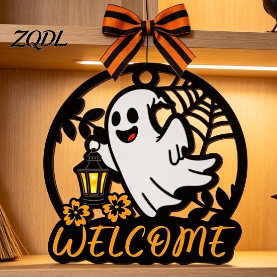 Autumn Seasonal Welcome Decor Halloween Ghost Pumpkin Round Wooden Door Hanger, Wall Plaque Hanging with Rope Rope, for Front Living Room Party