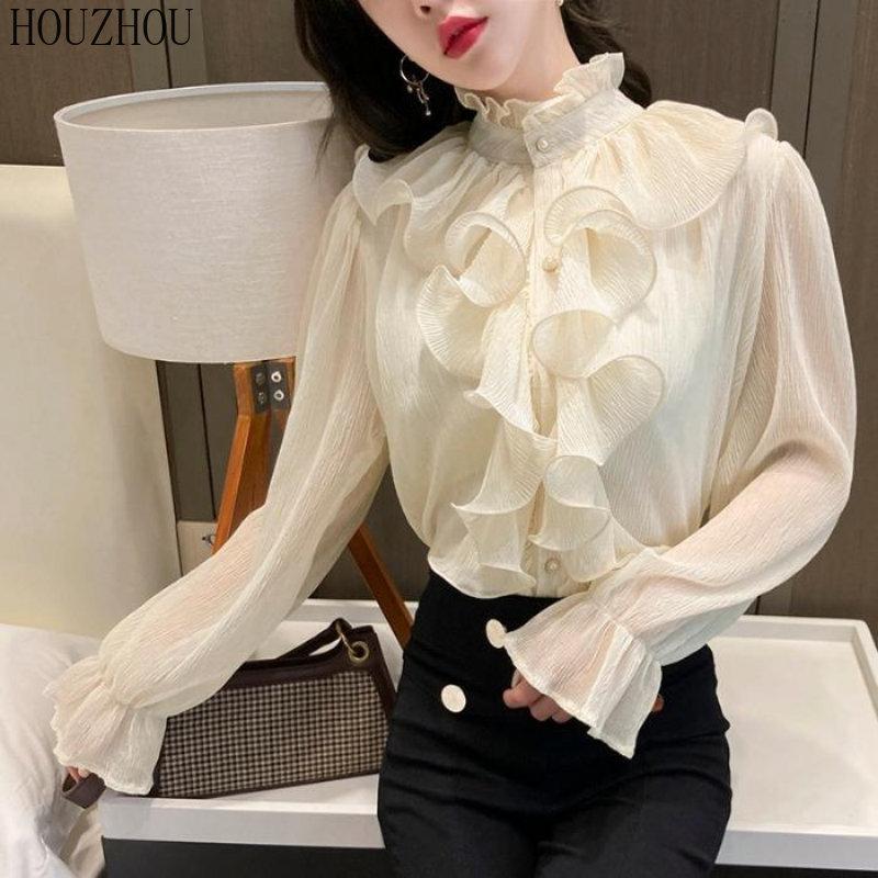 

HOUZHOU Шифоновая рубашка Женщины Французская взъерошенная винтажная полувысокий воротник Свободная осень Офис Леди Элегантный длинный рукав Классическая базовая блузка