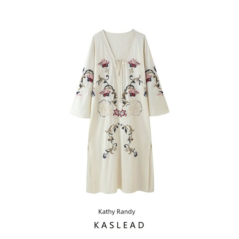 Kaslead New Women Clothes Western Style Fashion Simple Loose Flower Embroidery Dress 5107075