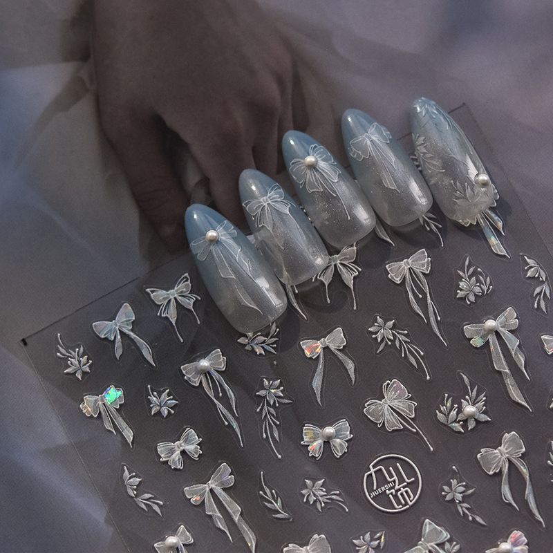 

Bows Long Nail Sticker Bright Crystal Laser Light Japanese Style Pearl Rhinestone Lace Ribbon Bowknot Bows Flowers and Plants Easiest for Match Bows-to4116 (Pearl)