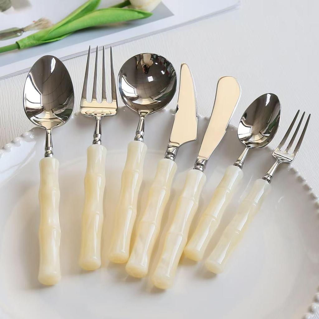 304 Stainless Steel Gold Cutlery Set with Violet Acrylic Bamboo Joint Handles: Includes Knife, Fork, and Spoon for Hotel Light Luxury Use.