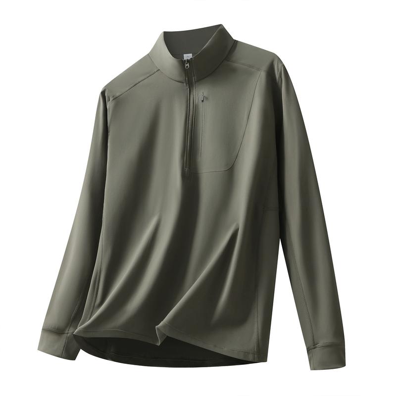 Men's Light Grey Quarter Zip Stand Collar Top, Casual Long Sleeve Quick Dry Shirt for Daily Wear