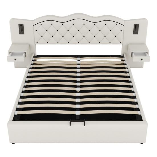 180x200cm Flat Bed, Upholstered Bed, Integrated Headboard, Hydraulic Lifting Mechanism, USB Connection, Two Bedside Lamps, Large Storage Space, Grey,