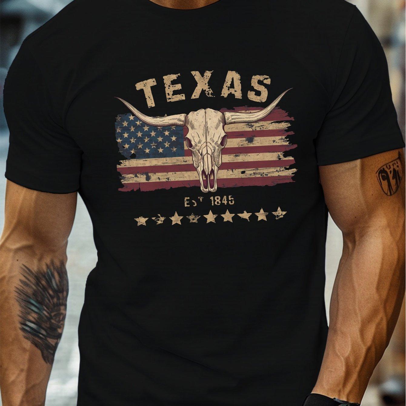 Summer Fashion Mens Tshirt with Texas Longhorn Cowhead Pattern Print  Unique Street Style Mens Casual Shortsleeved Shirt S