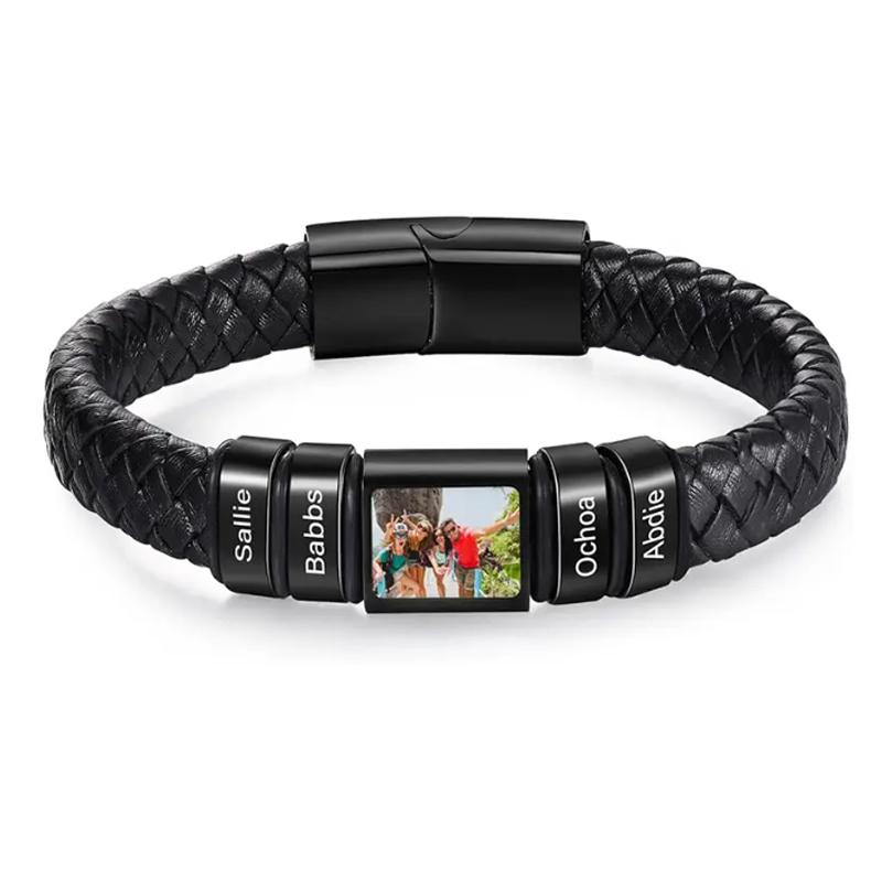 Personalizovaný náramek s fotografií pro muže, náramek s vlastním obrázkem, kožený gravírovaný náramek, šperk jako dárek pro muže, chlapce, manžela