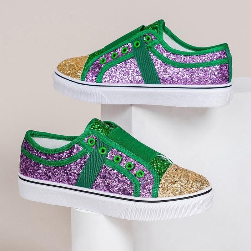 Spring and autumn new large size casual flat heel low-top color matching round head sequined canvas shoes