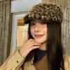 Pu Leather Brim Leopard Print Berets Keep Warm Women Newsboy Caps Lamb Wool Berets Hat  Female