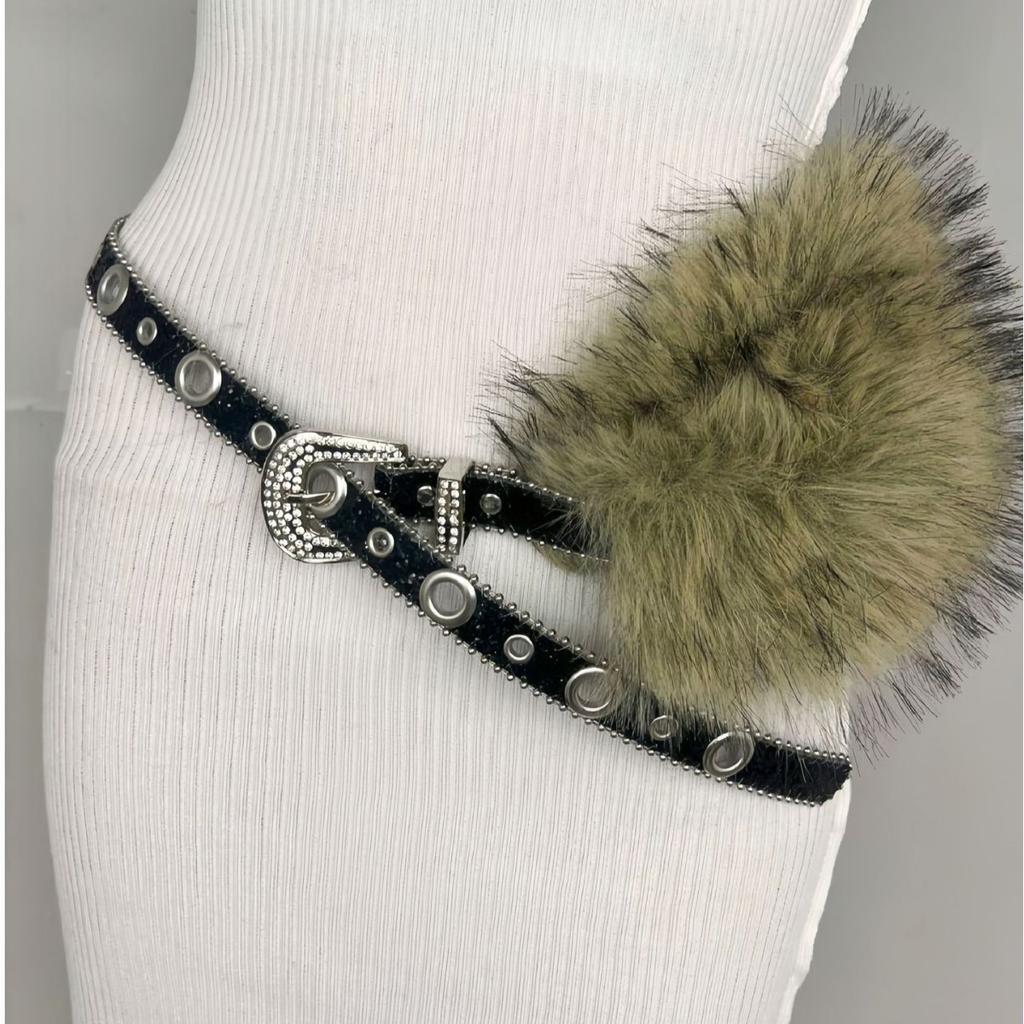 Vintage Faux Fur PU Leather Belt Y2K Furry Fur Gothic Punk Sexy Waistband Night Club Waist Chain Jeans Pants Decor