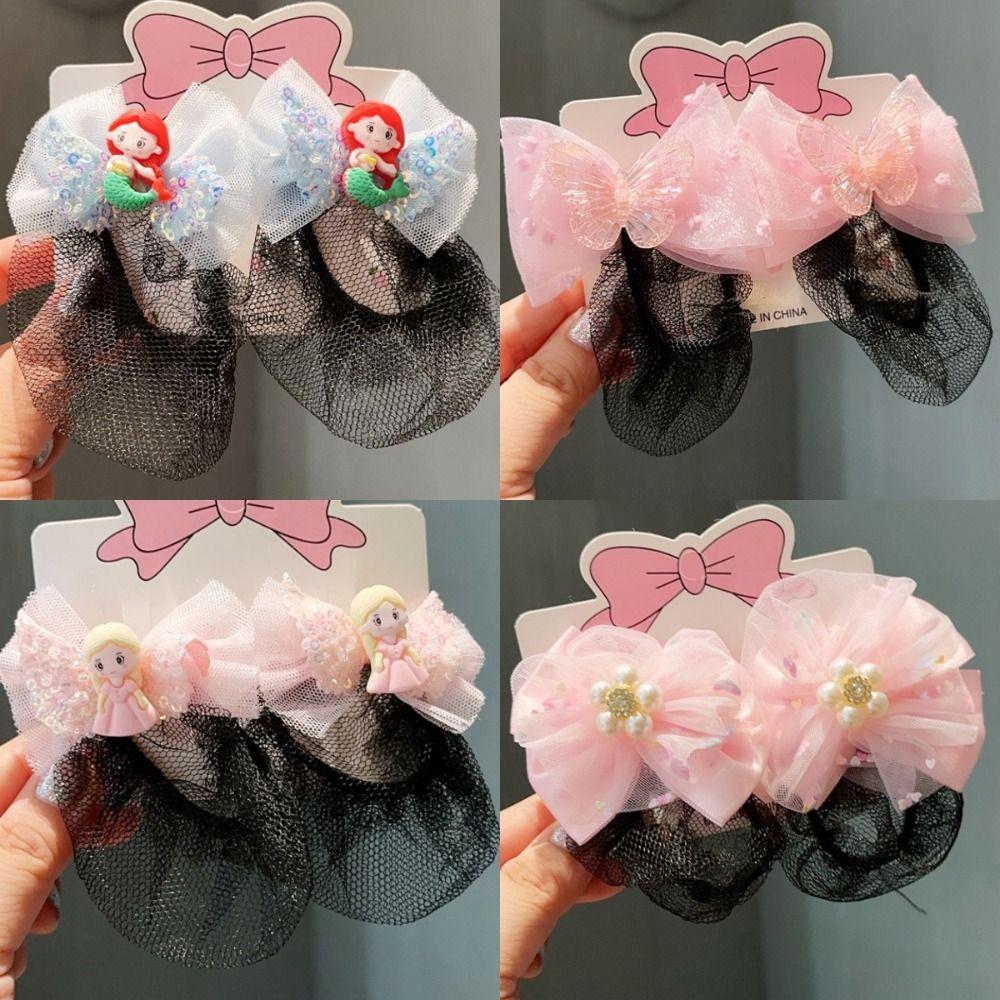2PCS Fashion Headdress Ballet Hair Net Spring Clip Hair Bun Cover Girls Elastic Hair Net  Kids