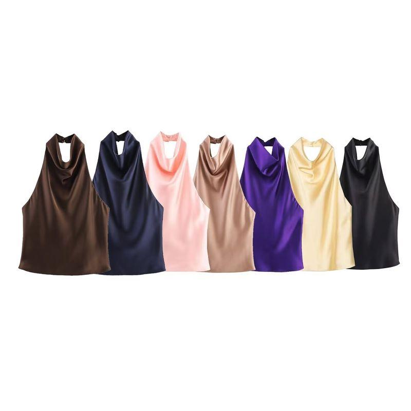 Araltay New Arrival Fashion Style Women's Clothing Fashion All-Match Pure Color Silk Satin Texture Halter Top 3203317