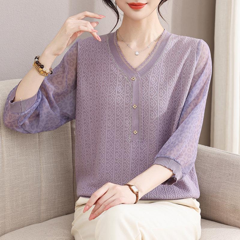 V-Neck Solid Color Knit Sweater T-Shirt for Women - Stylish Spring/Summer Sheer Sleeve Top for Middle-Aged and Elderly