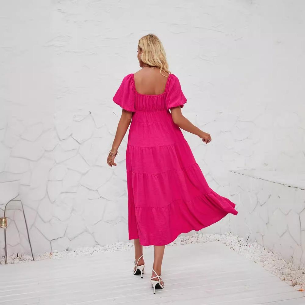 Neformální letní maxi šaty s čtvercovým výstřihem, nabíranými rukávy, vysokým pasem, plisovanou splývavou áčkovou sukní