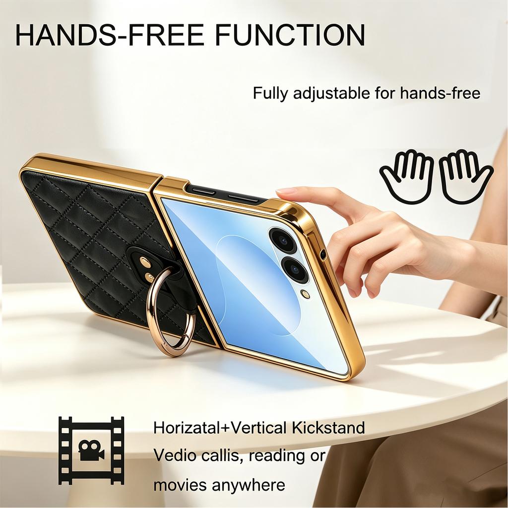 Fashionable Magnetic Diamond Grid Leather Ring Case for Samsung Z Flip 8 7 FE 6 5 4 3 Shockproof for Magsafe Stand Slim Cover