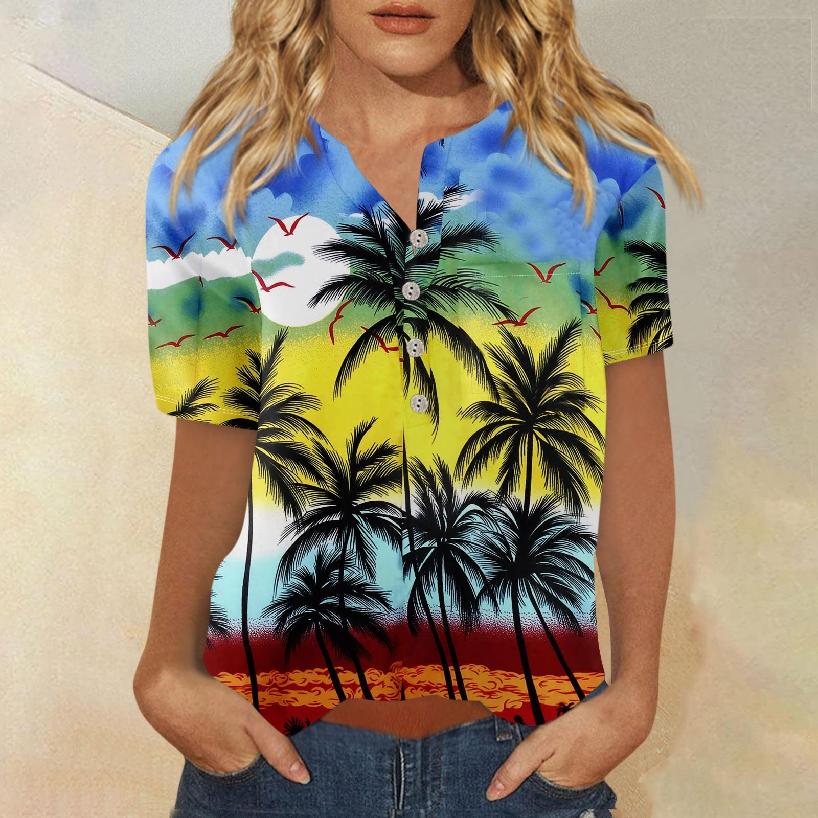 

Hawaiian Shirt For Women Button Down Fashion Casual Print Short Sleeve Shirts Blouse XXL зелений