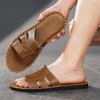 Men Slippers Handmade Simple Flats Brown Leather Sandals Black Summer Roman Sandals Open Toe Beach Shoes Plus Size