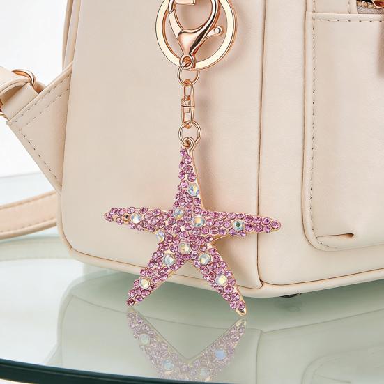 Keychain Sparkling Rhinestones Inlaid Starfish Design Keychain Pendant Enamel Oil Drip Process Smooth Edges Spring Buckle Key Holder Backpacks
