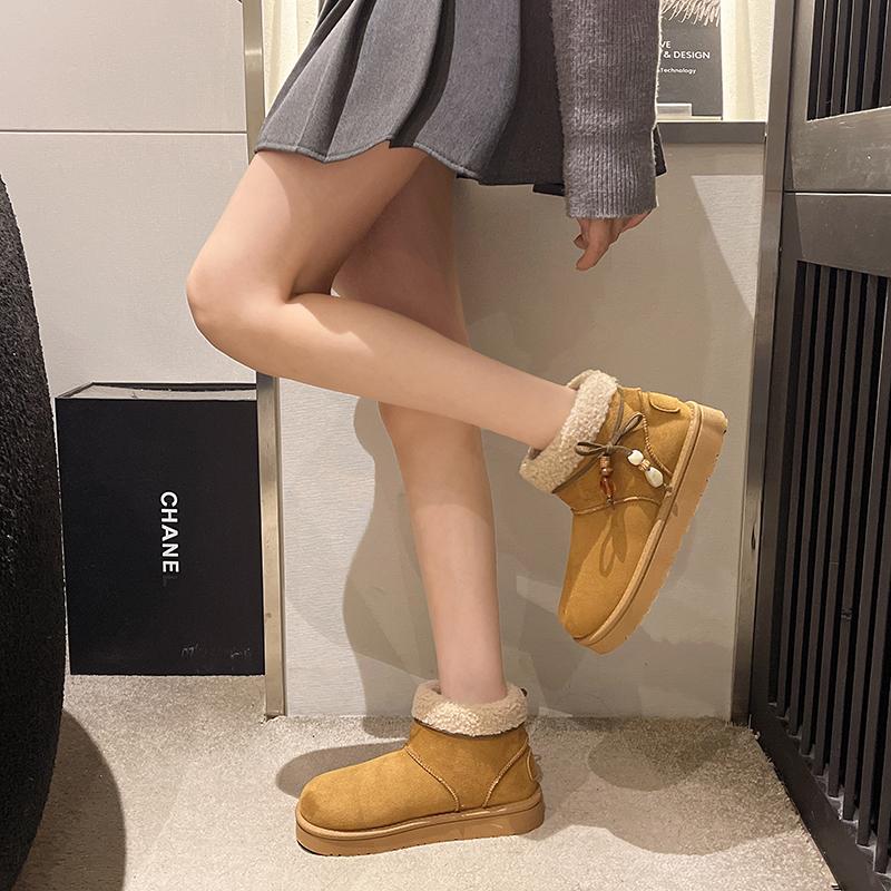 Fashion Sweet Bowknot Decoration Cotton Snow Boots Women 2025 Winter Warm Short Plush Ankle Boots Fashion Faux Fur Slip On Booties