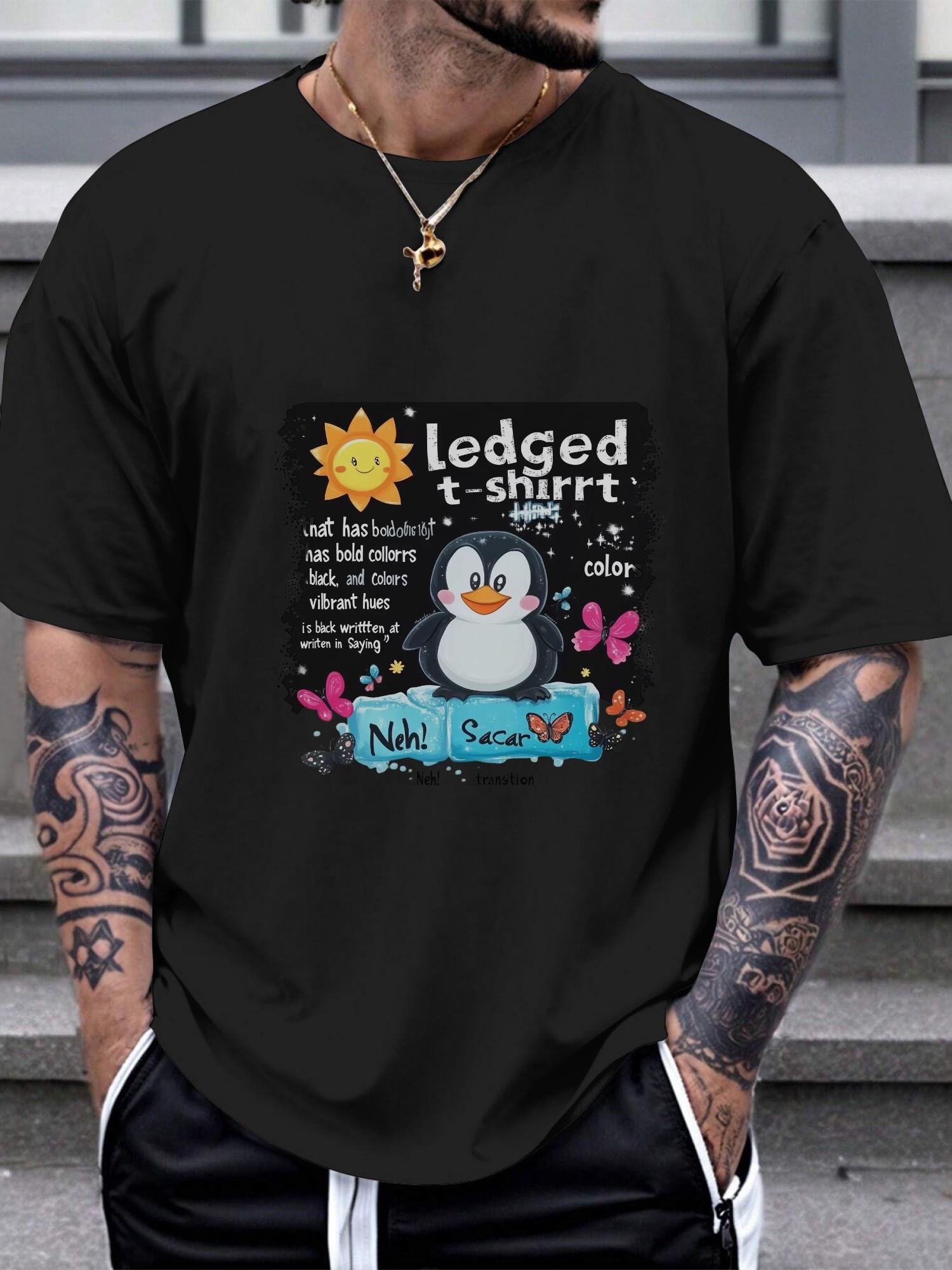 

1pc Playful Penguin Attitude Graphic T-shirt - 180g Cotton Crew Neck Short Sleeve Tee with Humorous LEDED Design M