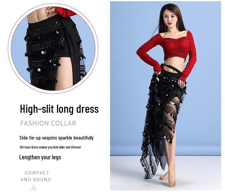 Conjunto de Dança do Ventre Feminino Huayu Outono/Inverno: Fantasia de Borla com Lantejoulas para Iniciantes