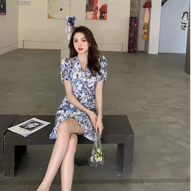 Floral Dress Women's Summer Salt Pure Design Sense Tie-dye Drawstring Fishtail Skirt V-neck Slim Temperament Skirt