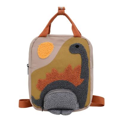 Khaki Lightweight Canvas Backpack Cute Dinosaur-Themed for Youngsters Adjustable Straps Zip Closure Colorful Embroidery Ideal for School & Outings
