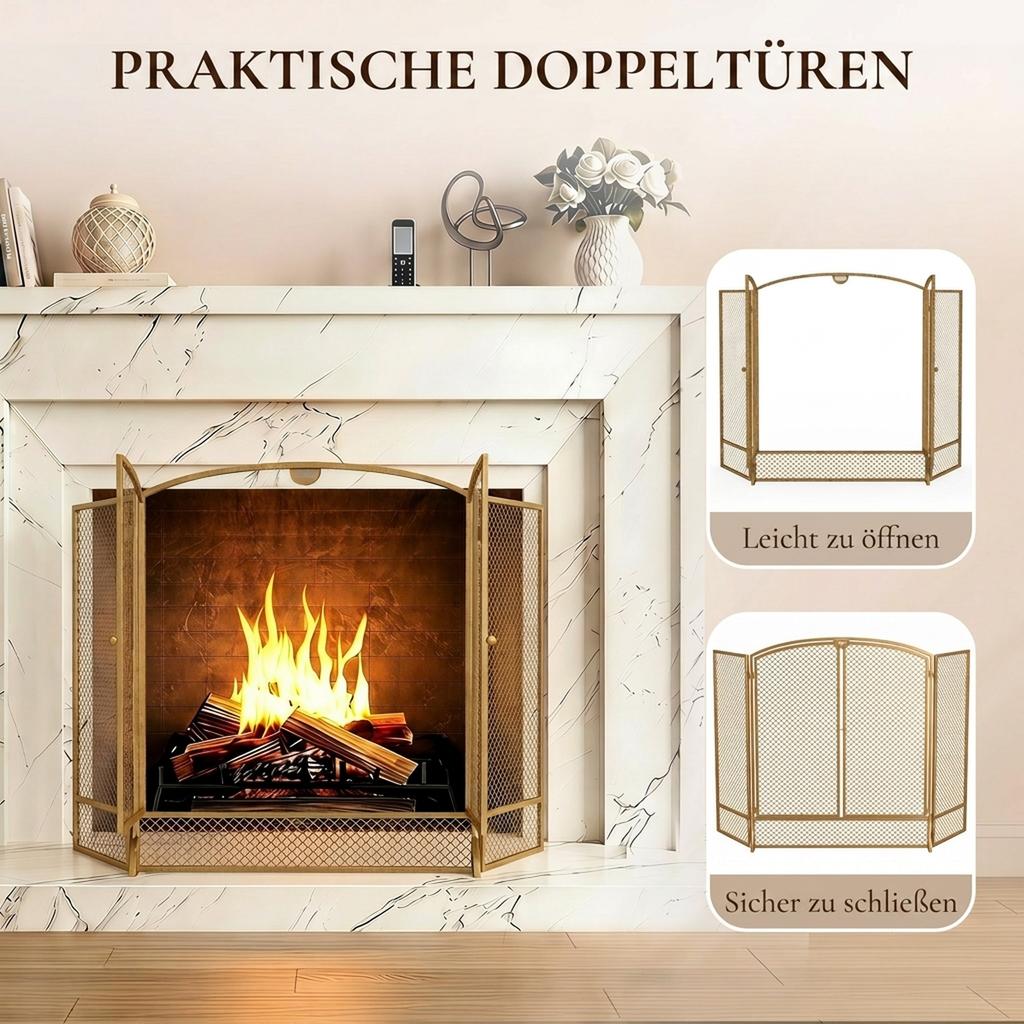 Fireplace Screen, 3-Piece Spark Guard with Double Doors 122x75cm