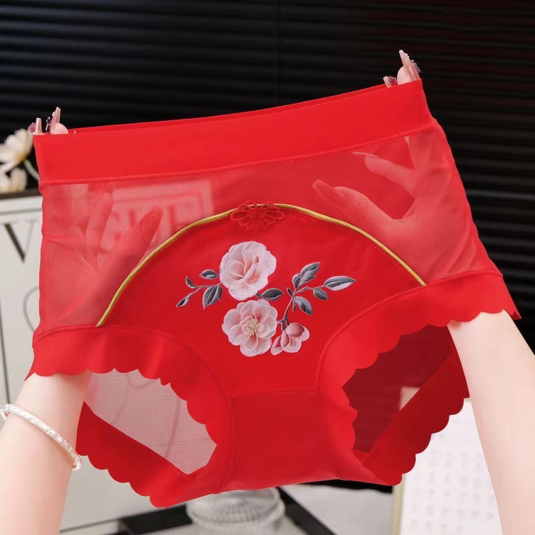 

Летние традиционные китайские вышитые трусики с высокой талией, сетчатые трусы, кружевные трусы с утягивающим эффектом, женское сексуальное нижнее белье onesize красный