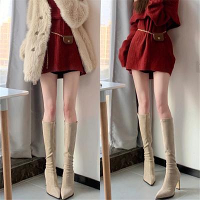High-heeled Pointed Boots Children's Autumn and Winter New Side Zipper Suede High Tube Elasticity
