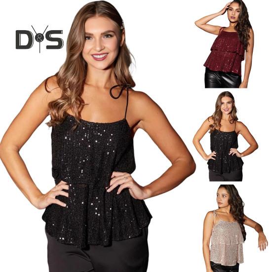 Sexy Sling-Weste, doppellagig, glänzende Pailletten, Damen-Tops, Glitzerdetails, normale Passform, Sommer-Tops, Alltagskleidung
