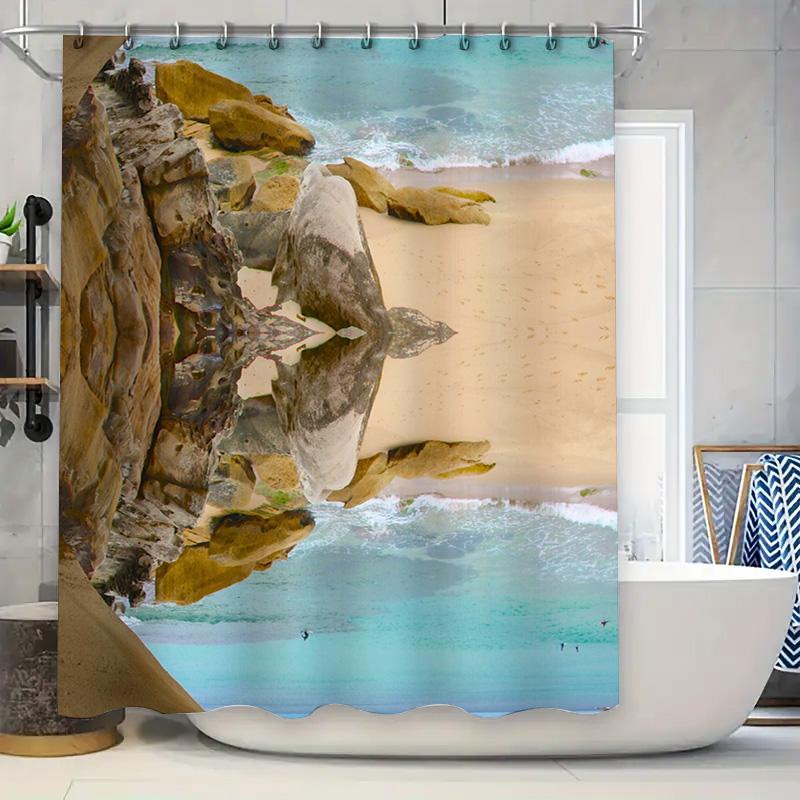 Beach Shower Curtain Coastal Rock Sand Blue Waters Print Home Decoration Decorative Bath Rug 3D Printed Waterproof Fabric Polyes