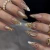 Wearable Nails New Gilt Embossed Flower And Leaf Wearable Fake Nails Milk Tea Magic Mirror Gradient Nude Skin Manicure Patch
