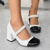 Fashion Color Block Block Heel Single Shoes Women's Fashion Round Toe Shallow Mouth Beaded One Slip Strap High Heels