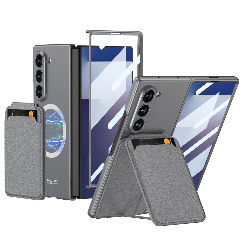 Magnetic Detachable Card Holder Bracket Phone Case for Samsung Galaxy Z Fold 7 6 Fold7 Fold6 with Tempered Film Protective Cover