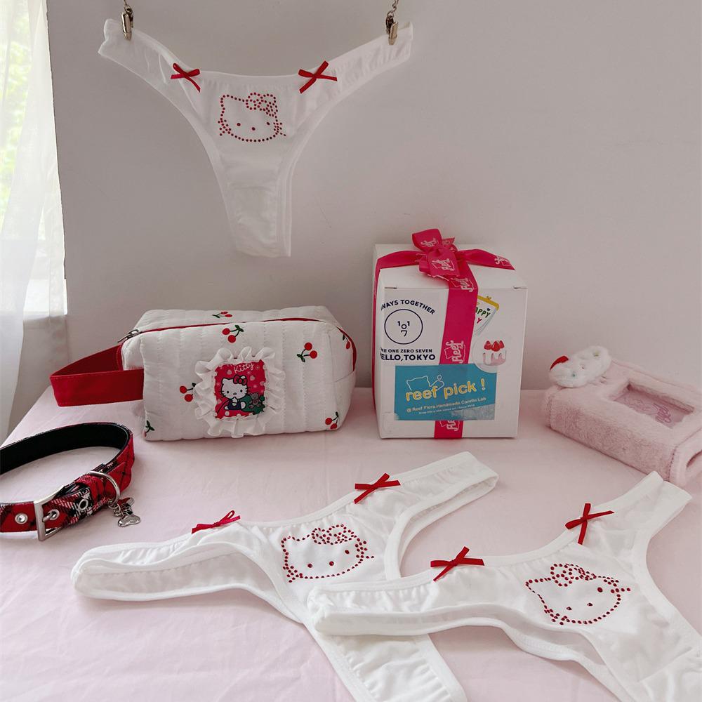 Cute Kitty Rhinestone Bow T-Back Underwear: Pure Cotton, Sporty, Comfortable Thong for Students and Young Women