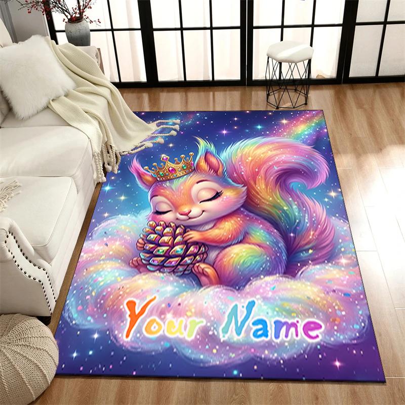 1PC Custom Name Rainbow Squirrel Majesty Theme Floor Mat Ideal for Living Room, Game Rooms, Office, Bedroom,Floor Mat Playful Design