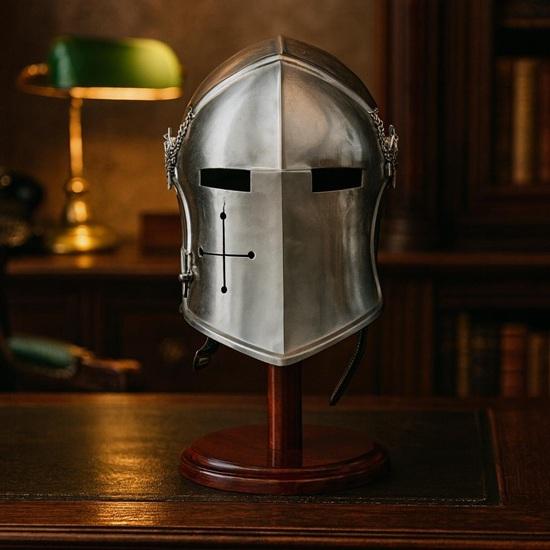 Silver Barbuda Helmet Medieval Knight Role Play Helmet With Stand Liner And Chin Strap Gift Halloween