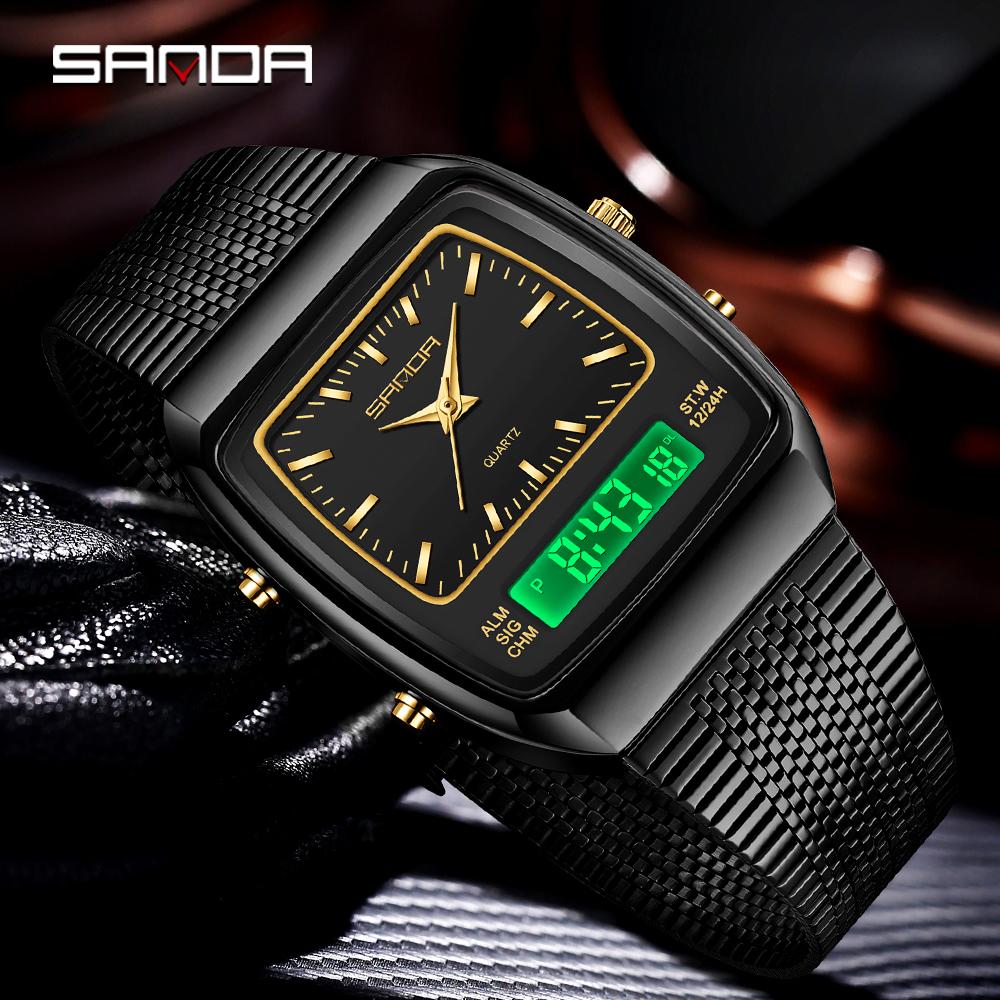 Fashion Sanda 3393 Electronic Quartz Watch Multifunction Dual Display Clock Luminous Casual Mens Women Unisex Time Digital Watch