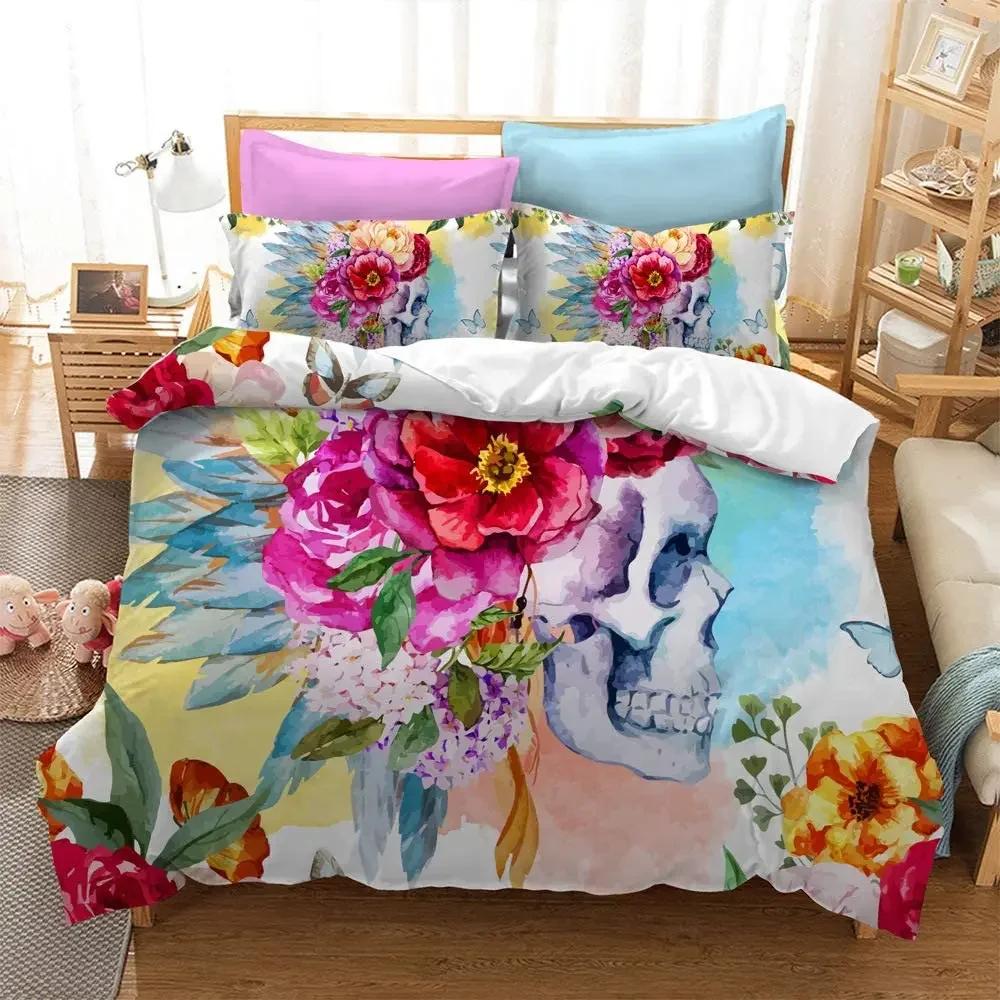 3D Sugar Skull Comforter Cover Set Twin Size Flowers Print Bedding Set Black Microfiber Polyester Duvet Cover Set