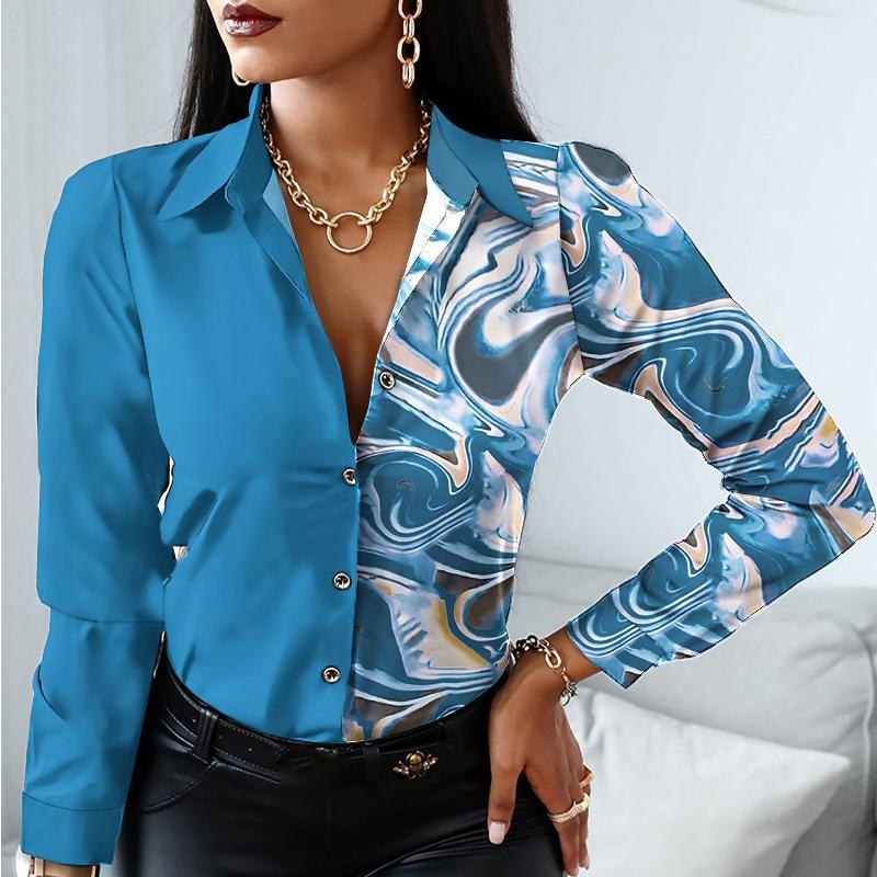 2024 Women Fashion Elegant Scarf Chain Print Button Design Shirt Long Sleeve Patchwork Spring