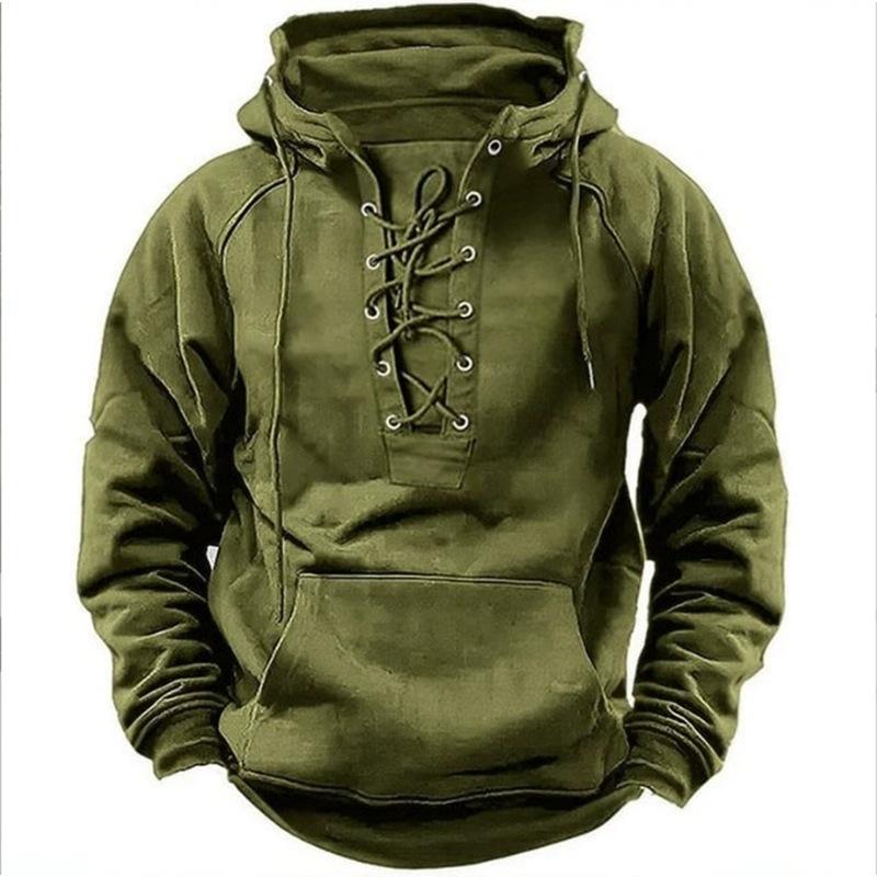 Men's Retro Lace-Up Hooded Long-Sleeve T-Shirt - Large Size Solid Color Spring and Autumn Casual